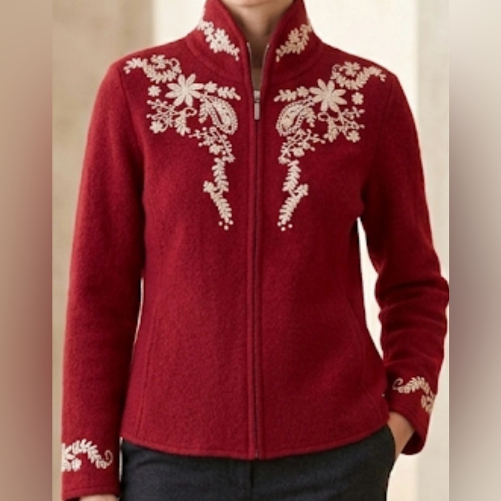 Coldwater Creek Red Boiled Wool Zip Jacket Cardigan Women’s size PS Festive
